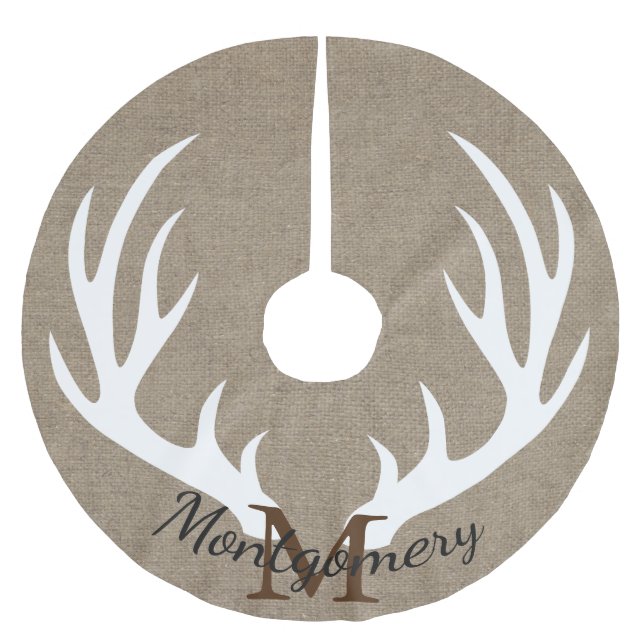Rustic Deer Antlers Faux Burlap Family Name Brushed Polyester Tree Skirt (Front)