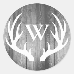Rustic Deer Antlers Grey Barn Wood   Monogram Classic Round Sticker