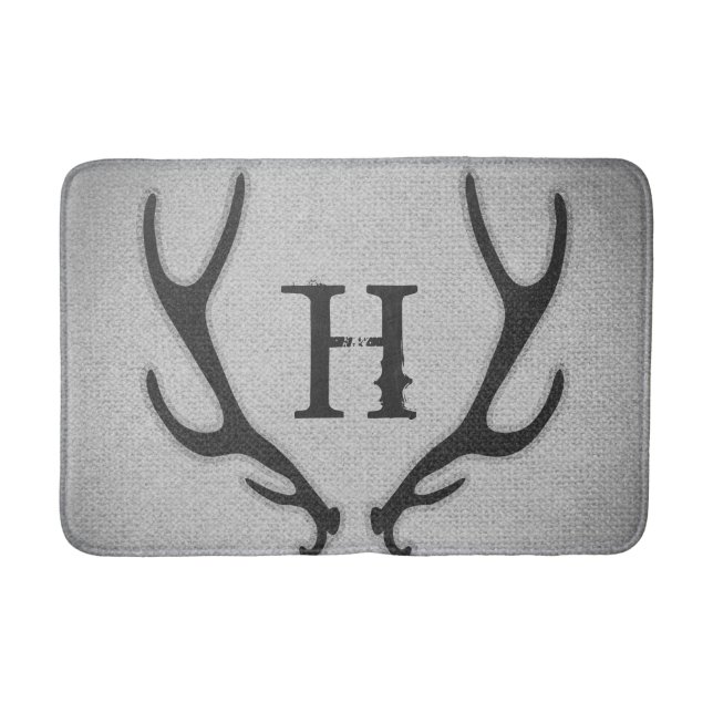 Rustic Deer Antlers Grey Faux Burlap Country Chic Bath Mat (Front)