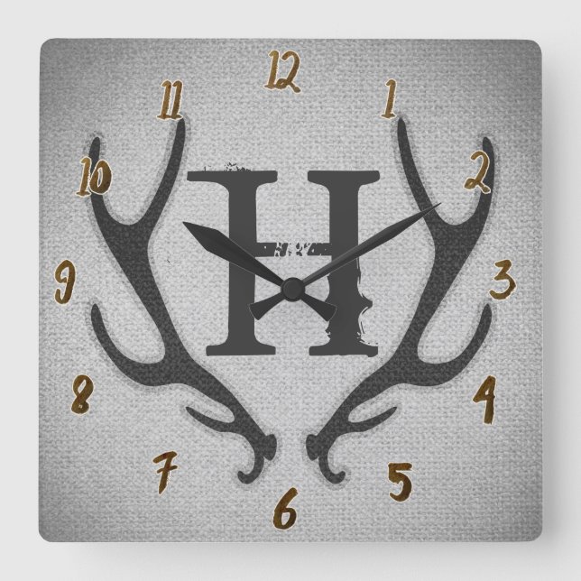 Rustic Deer Antlers Grey Faux Burlap Texture Square Wall Clock (Front)