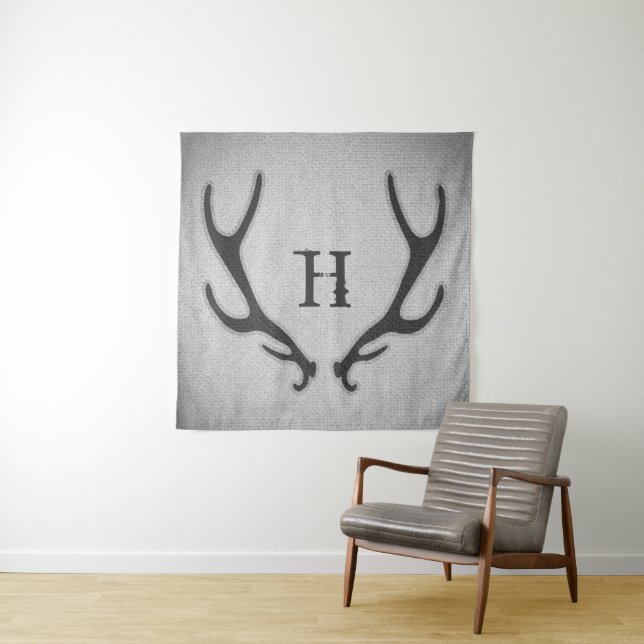 Rustic Deer Antlers Grey Faux Burlap Texture Tapestry (In Situ)