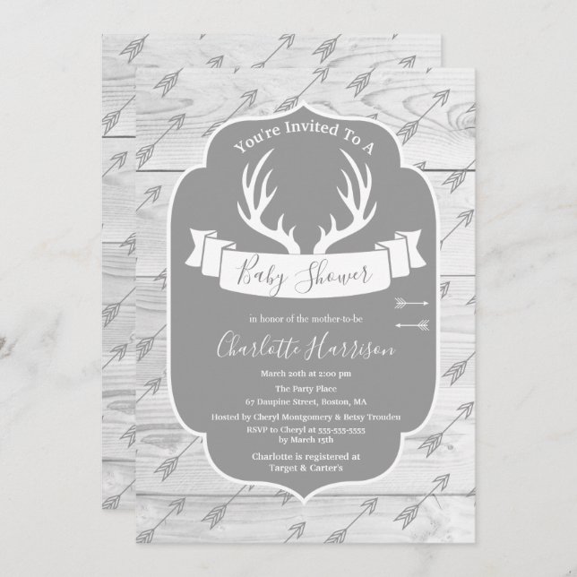 Rustic Deer Antlers Grey & White Wood Baby Shower Invitation (Front/Back)