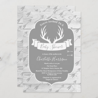 Rustic Deer Antlers Grey & White Wood Baby Shower Invitation