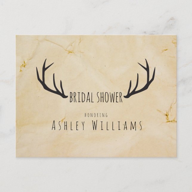 Rustic Deer Antlers Handwritten Bridal Shoer Invitation Postcard (Front)