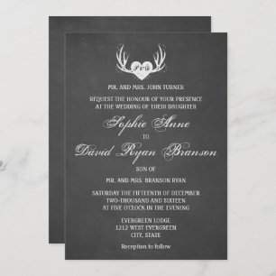 Rustic Deer Antlers & Heart Chalk Wedding Invite