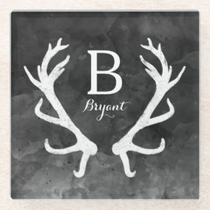 Rustic Deer Antlers Monogram Black Watercolor Glass Coaster