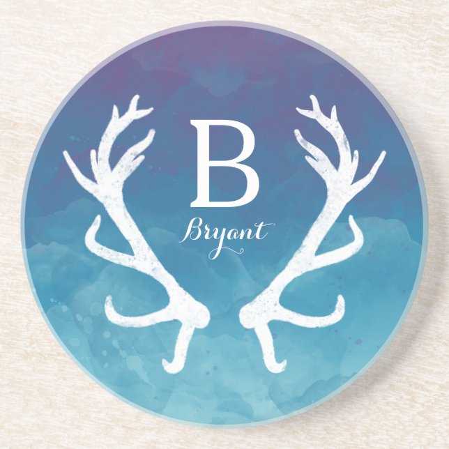 Rustic Deer Antlers Monogram Blue Watercolor Coaster (Front)