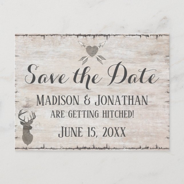 Rustic Deer Antlers Wedding Save the Date Postcard (Front)