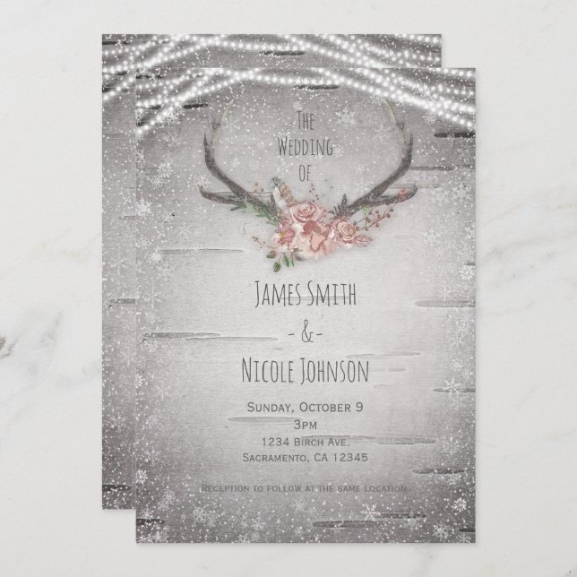 Rustic Deer Antlers & White Birch Winter Wedding Invitation (Front/Back)