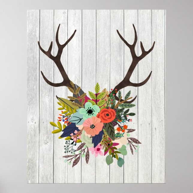 Rustic Deer Antlers with Flowers Poster (Front)