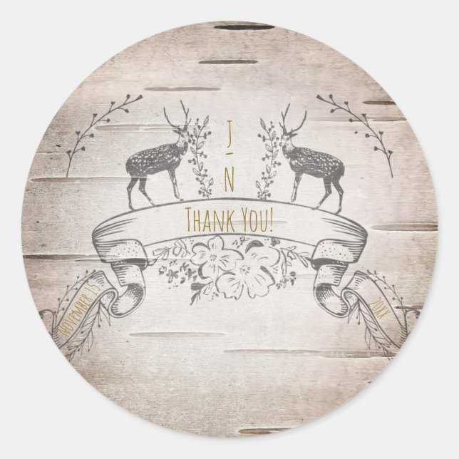 Rustic Deer & Branches Birch Wedding Favour Classic Round Sticker (Front)