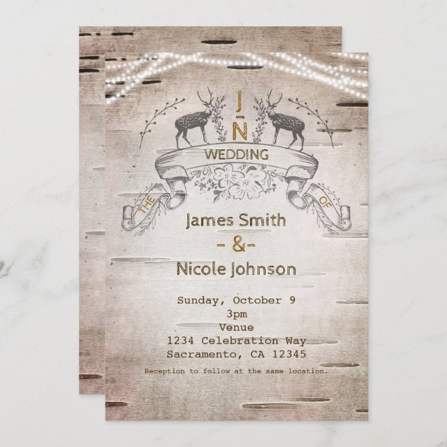 Rustic Deer & Branches Birch Wedding Invitations (Front/Back)
