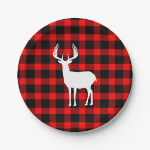 Rustic Deer Buck Buffalo Plaid Paper Plate