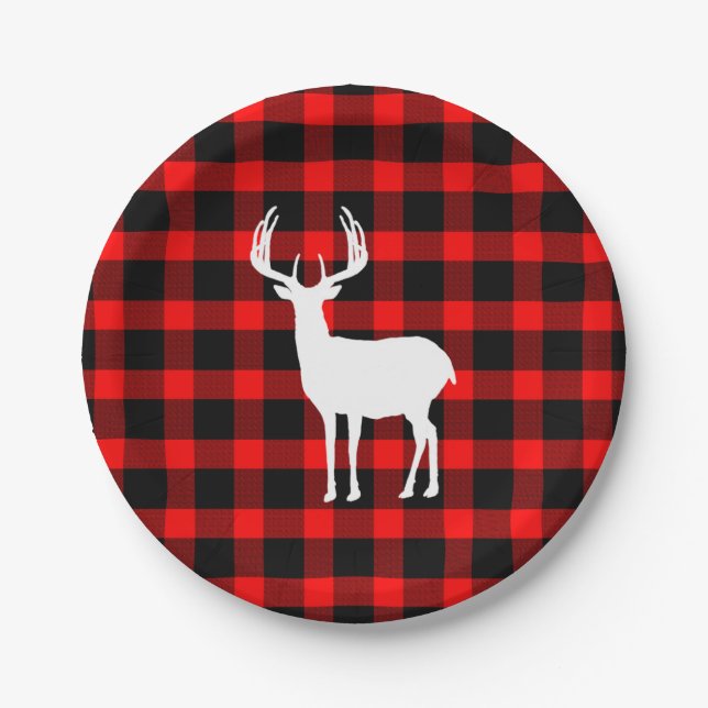 Rustic Deer Buck Buffalo Plaid Paper Plate (Front)