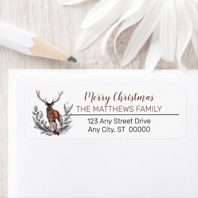 Rustic Deer Buck Merry Christmas Family Return Address Label (Insitu)