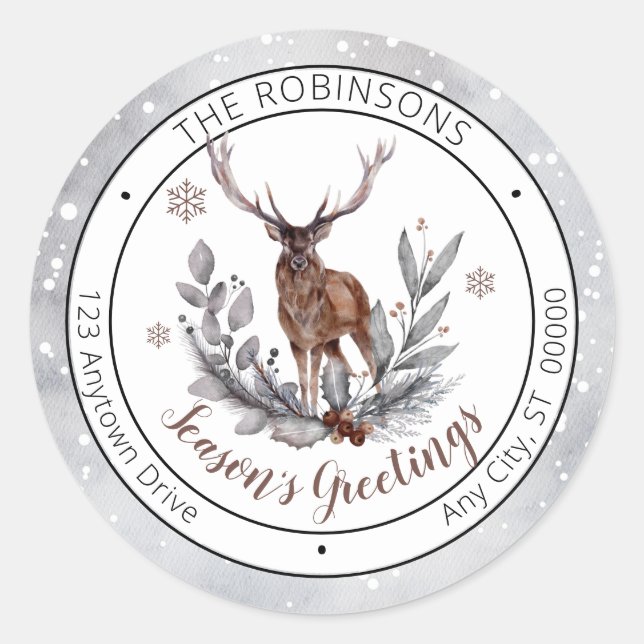 Rustic Deer Buck Season's Greetings Family Classic Round Sticker (Front)