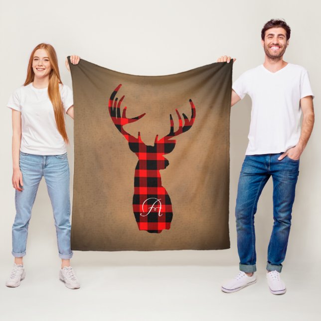 Rustic Deer Buffalo Plaid Monogram Fleece Blanket (In Situ)