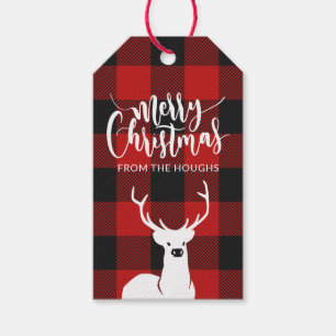 Rustic Deer Buffalo Plaid Script Merry Christmas Gift Tags