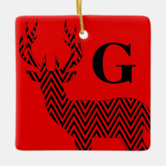 Rustic Deer Chevron Monogram | red black Ceramic Ornament