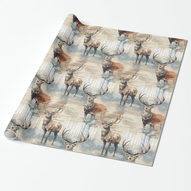Rustic Deer Christmas Wrapping Paper (Unrolled)
