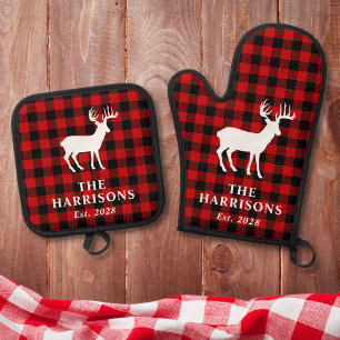 Rustic Deer Family Name Red Buffalo Plaid Oven Mitt & Pot Holder Set