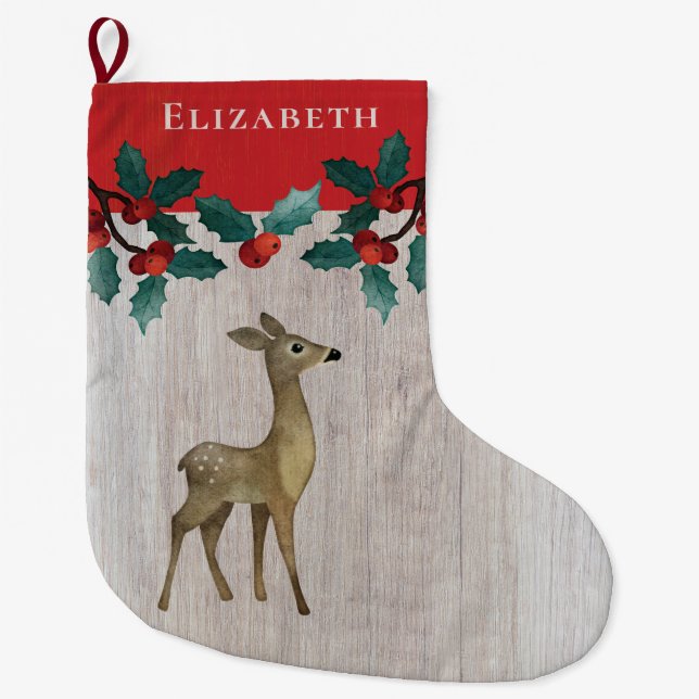 Rustic Deer Floral Monogram Christmas Large Christmas Stocking (Front)