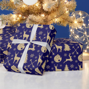Rustic Deer Gold Christmas Pattern on Blue Wrapping Paper