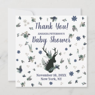 Rustic Deer Head Blue Floral Baby Shower Thank You