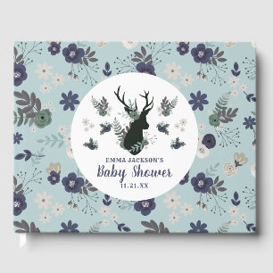 Rustic Deer Head Blue Floral Modern Baby Shower Guest Book