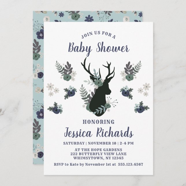 Rustic Deer Head Blue Floral Modern Baby Shower Invitation (Front/Back)