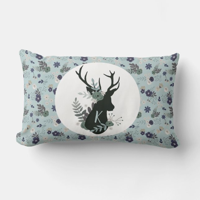 Rustic Deer Head Blue Floral Monogram Initial Lumbar Cushion (Front)