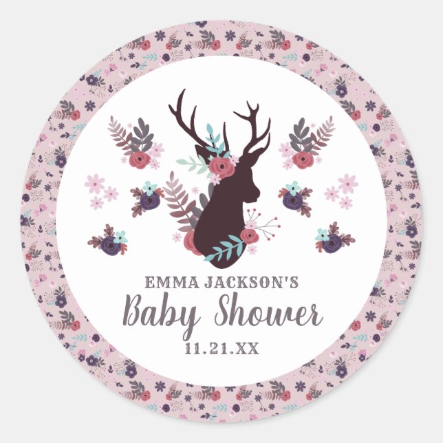 Rustic Deer Head Mauve Floral Girl Baby Shower Classic Round Sticker (Front)