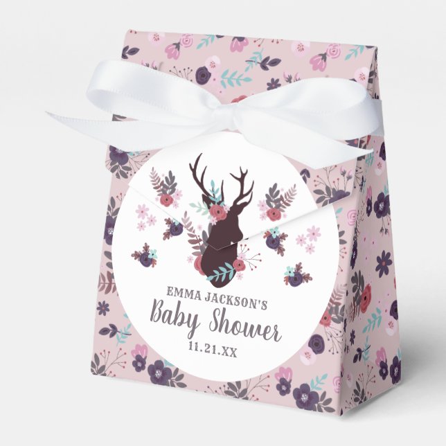 Rustic Deer Head Mauve Floral Girl Baby Shower Favour Box (Front Side)