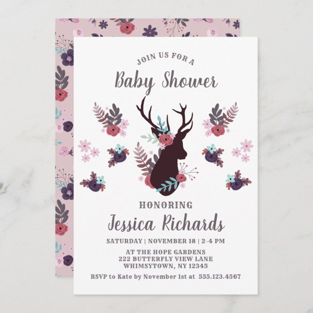 Rustic Deer Head Mauve Floral Girl Baby Shower Invitation (Front/Back)