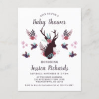 Rustic Deer Head Mauve Floral Girl Baby Shower
