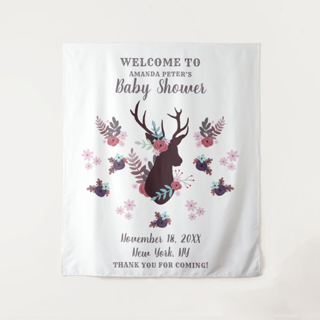 Rustic Deer Head Mauve Floral Girl Baby Shower Tapestry (Front)