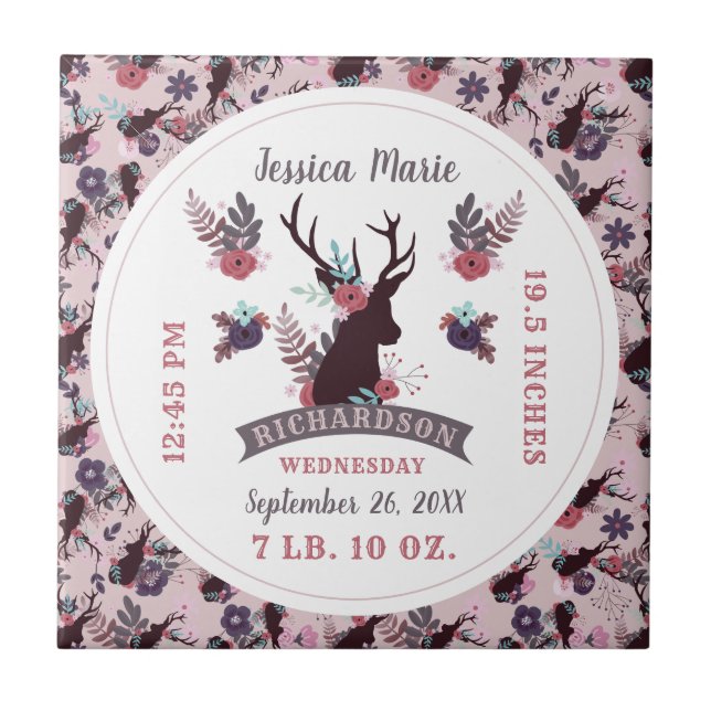 Rustic Deer Head New Baby Girl Birth Record Stats Ceramic Tile (Front)