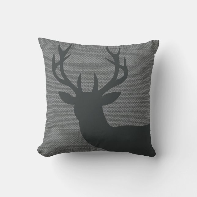 Rustic Deer Head Silhouette on Burlap | grey Cushion (Front)