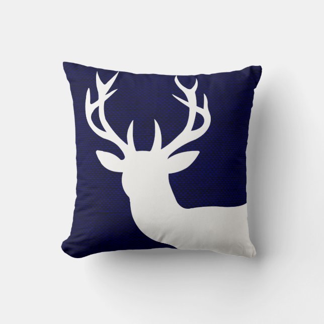 Rustic Deer Head Silhouette on Burlap | navy white Cushion (Front)