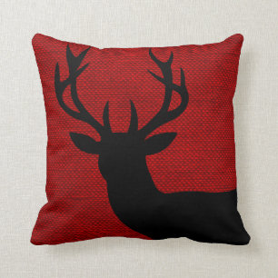 Rustic Deer Head Silhouette on Burlap   red black Cushion