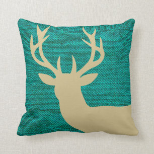 Rustic Deer Head Silhouette on Burlap   turquoise Cushion