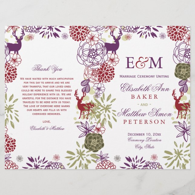 Rustic Deer Holiday Floral Wedding Program (Front)
