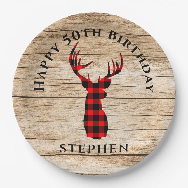 Rustic Deer Hunter Theme 50th Birthday Party Paper Plate (Front)