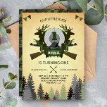 Rustic Deer Hunting 1st Birthday Party Invitation<br><div class="desc">Amaze your guests with this cool hunting theme birthday party invitation featuring eye-catching typography against a vintage parchment background. Simply add your event details on this easy-to-use template to make it a one-of-a-kind invitation. Flip the card over to reveal a green camouflage pattern on the back of the card.</div>