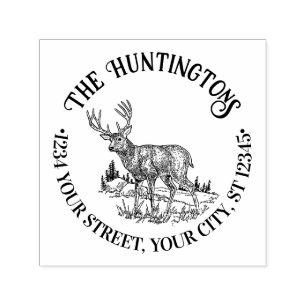 Rustic Deer in Wild Round Family Name Ret Address Self-inking Stamp