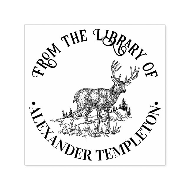 Rustic Deer in Wild Round Library Book Name Self-inking Stamp (Design)