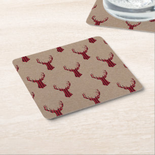 Rustic Deer Kraft Plaid Christmas Square Paper Coaster