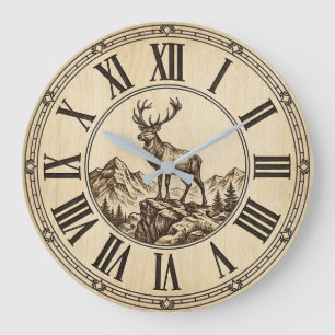 Rustic Deer Mountain Wall Clock Wood-Look Cabin