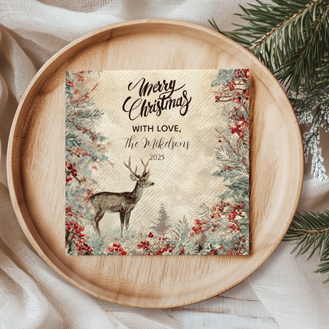 Rustic Deer Pine Berry Christmas Party Napkin (Creator Uploaded)