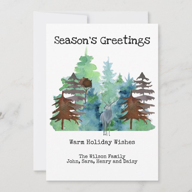 Rustic Deer Pine Tree Outdoors Seasons Greetings Holiday Card (Front)